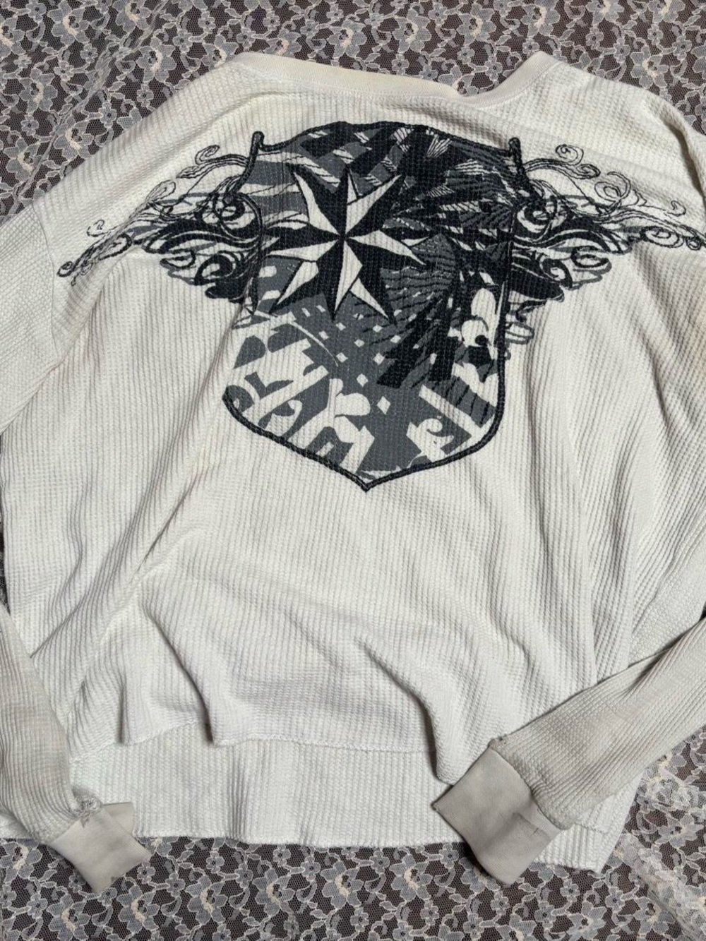 Cream Graphic Thermal Pullover with Black Shield Design